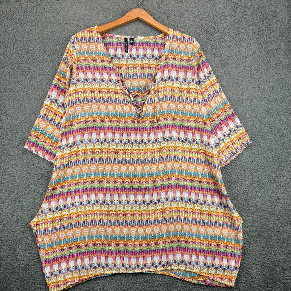 Portocruz Womens Large Multicolor Geometric Lace Up V-Neck‎ Tunic Top Coverup